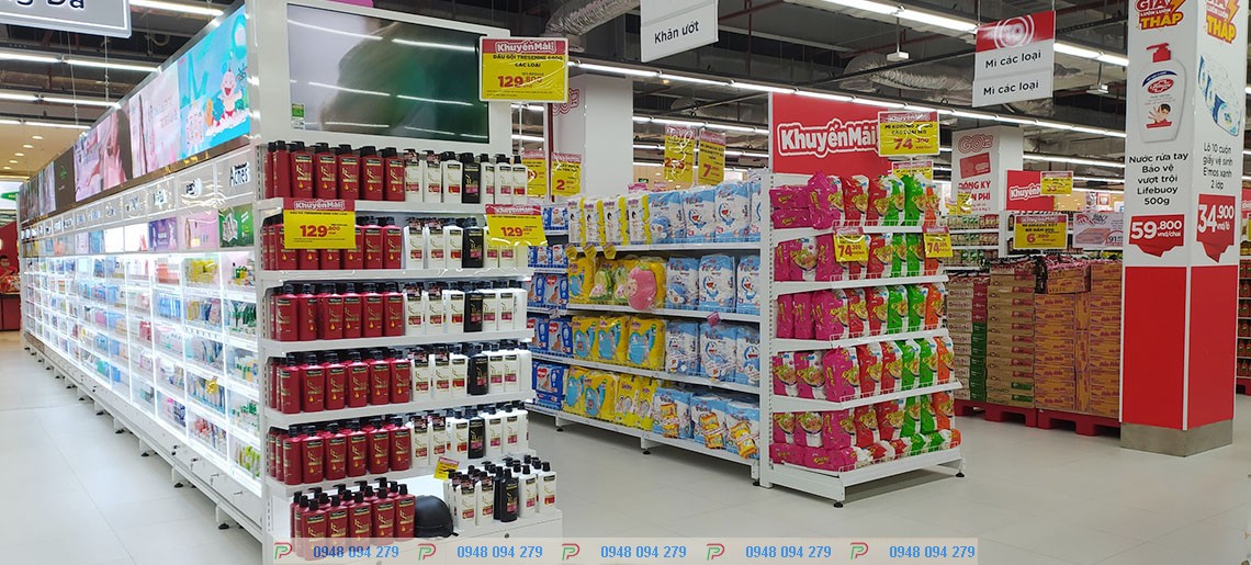 Hình ảnh kệ siêu thị đơn lưng tôn liền 3 tầng D120 X R49 X C120