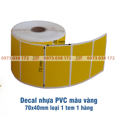 Decal nhua PVC 70x40mm mau vang 1 tem 1