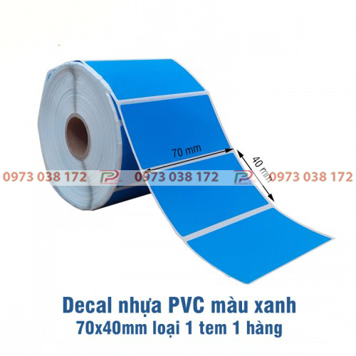 Decal nhua PVC 70x40mm mau xanh 1 tem