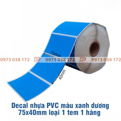 Decal nhua PVC 75x40mm mau xanh duong 1 tem